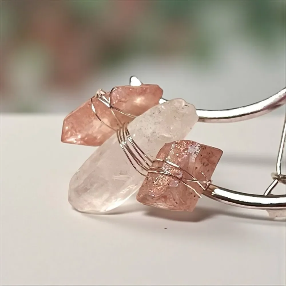 Handmade Rose Quartz And White Quartz Silver Crescent Moon Hair Clip